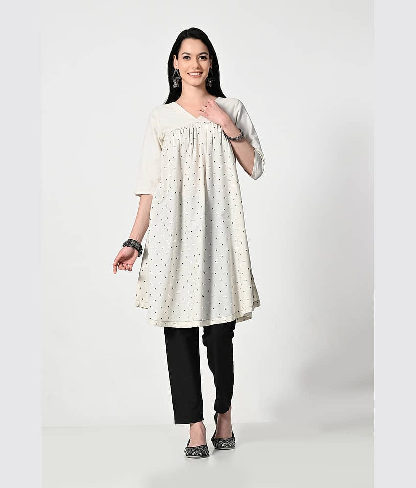 AMBI Pack of 1 Cotton Blend Printed A-line Women's Kurti - ( Cream )