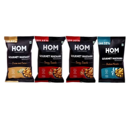 Gourmet Makhana (Pack of 4) with Flavours of Pudina Masala, Cream & Onion , Tangy Tomato , Tangy Tomato. - 56 gm