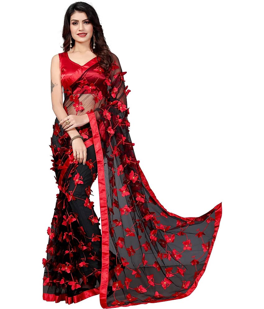 Apnisha Net Applique Saree With Unstitched Blouse Piece ( Black )