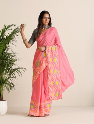 trueBrowns Pink Lime Muslin Ikat Saree - Pink (Free Size)