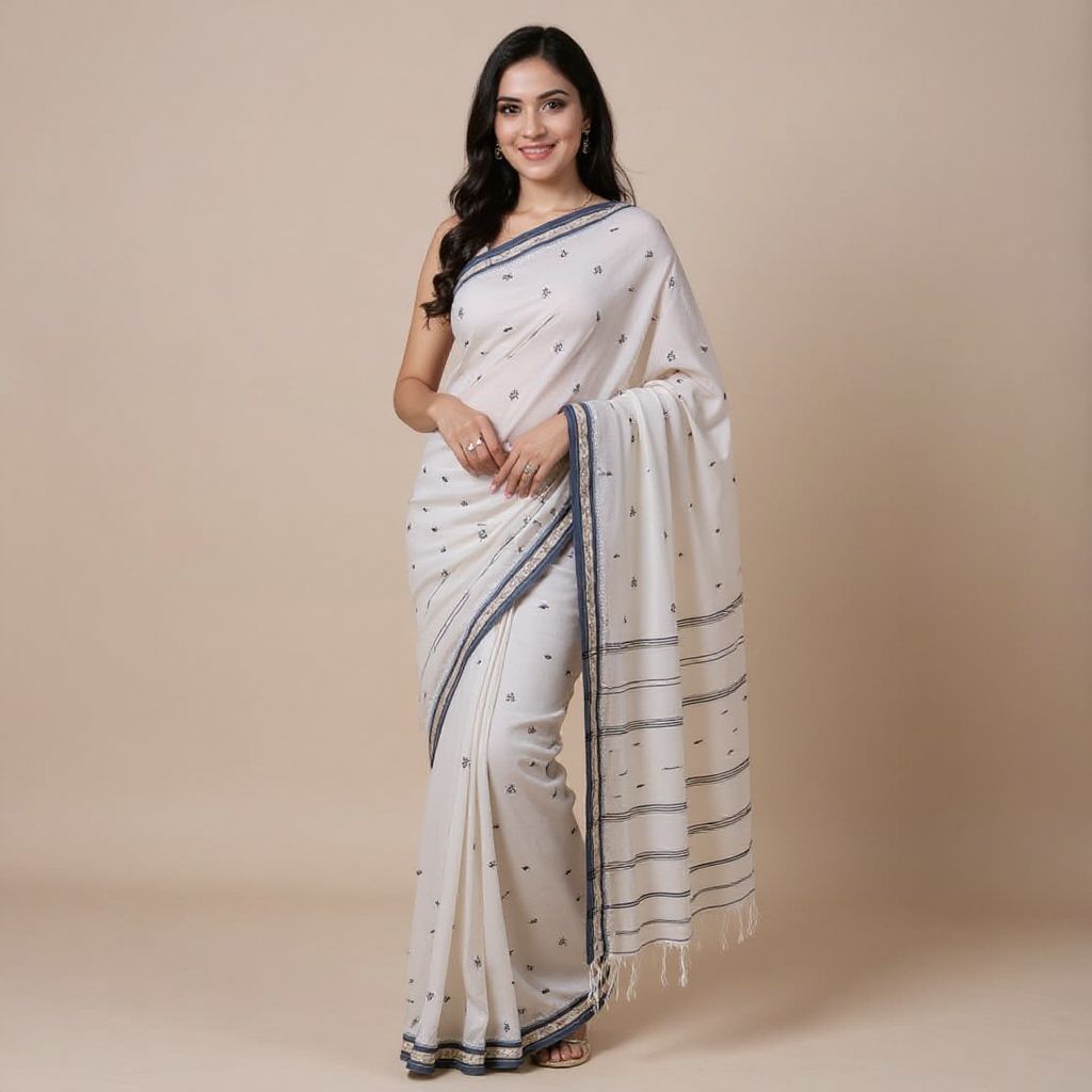 Bengal Pure Cotton Tangail Saree | White