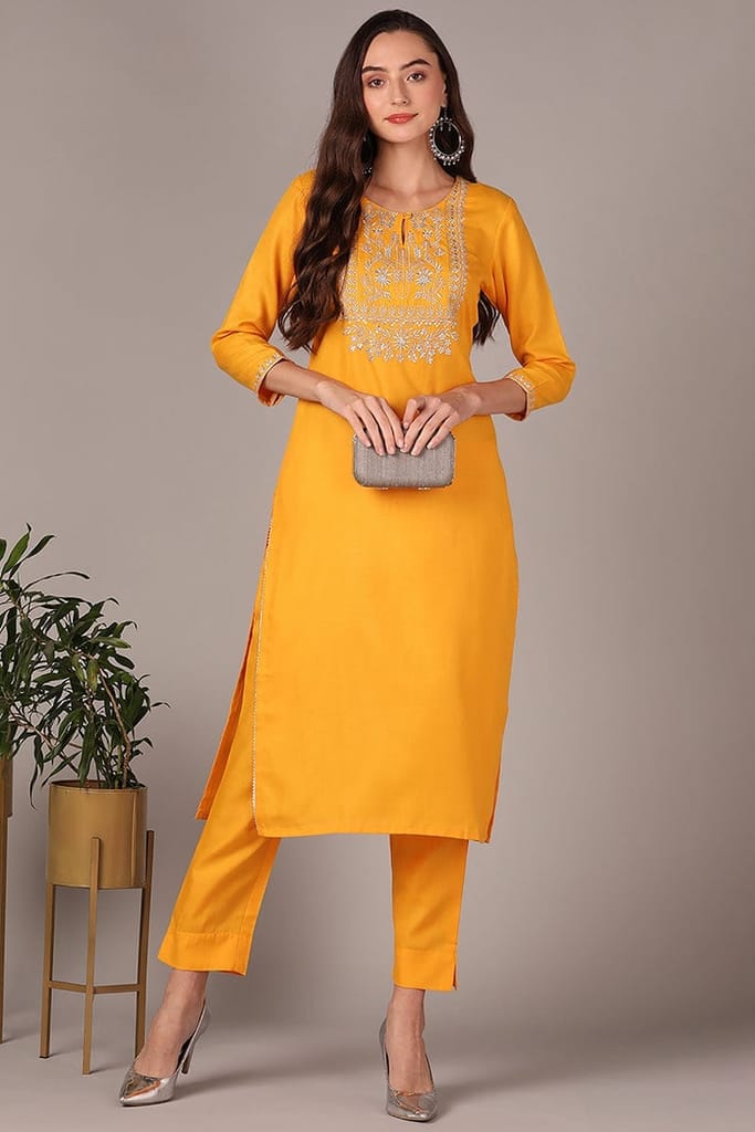 Chrome Yellow Cotton Blend Floral Printed Straight Kurta VCK9244 - Kurtas & Kurta Sets | Buy online on ZillyBuy