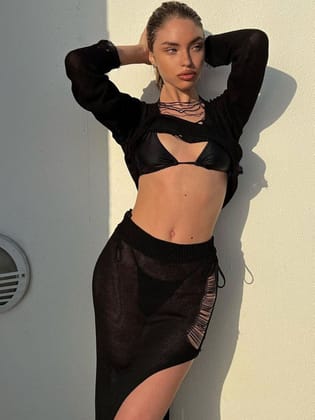 Sexy Slit Dress Tassel Hollow Out Cutout Sweater Coord Set-S / BLACK