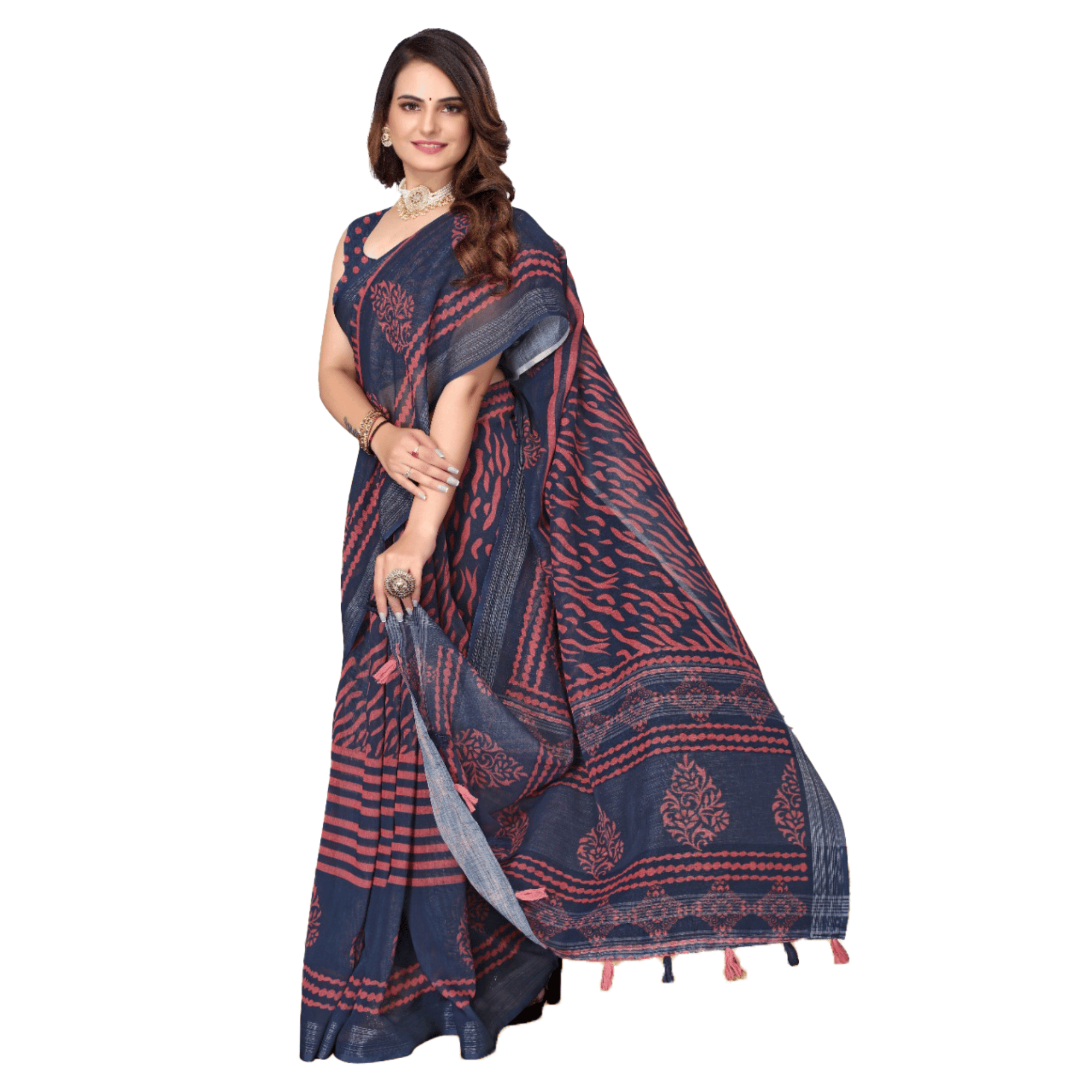 TheHangr Women's Dark Grey Stripped Saree With Red Betel Leaf Designed Pallu