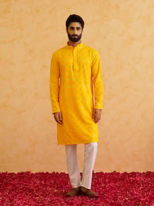 Men's Cotton Embroidered Sequinned Mustard Kurta-44