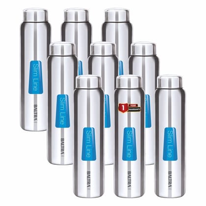 Baltra Relax Stainless Steel Fridge Water Bottle/Refrigerator Bottle Single Walled (Pack of 9)(1000 ML)