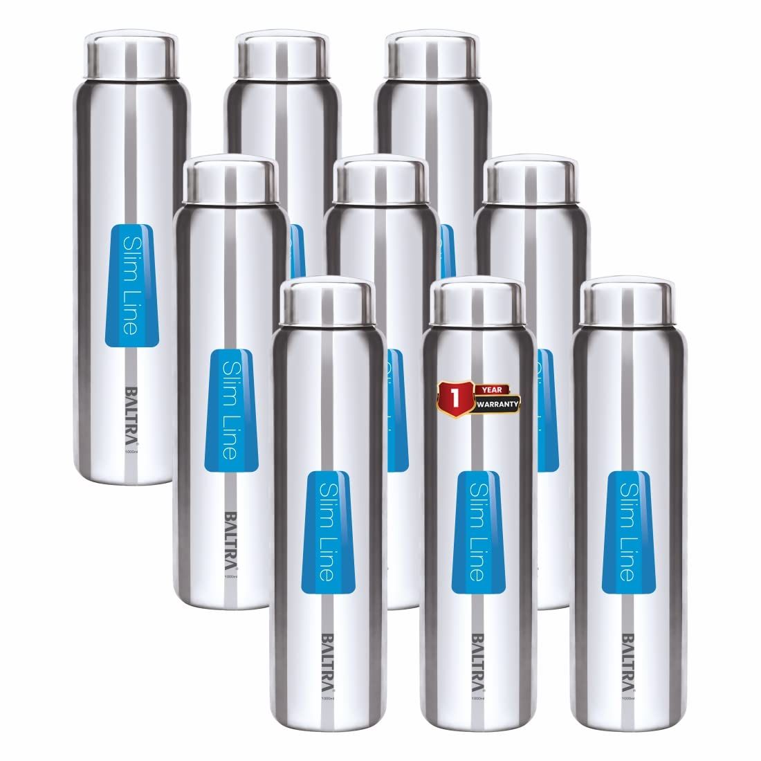 Baltra Relax Stainless Steel Fridge Water Bottle/Refrigerator Bottle Single Walled (Pack of 9)(1000 ML)