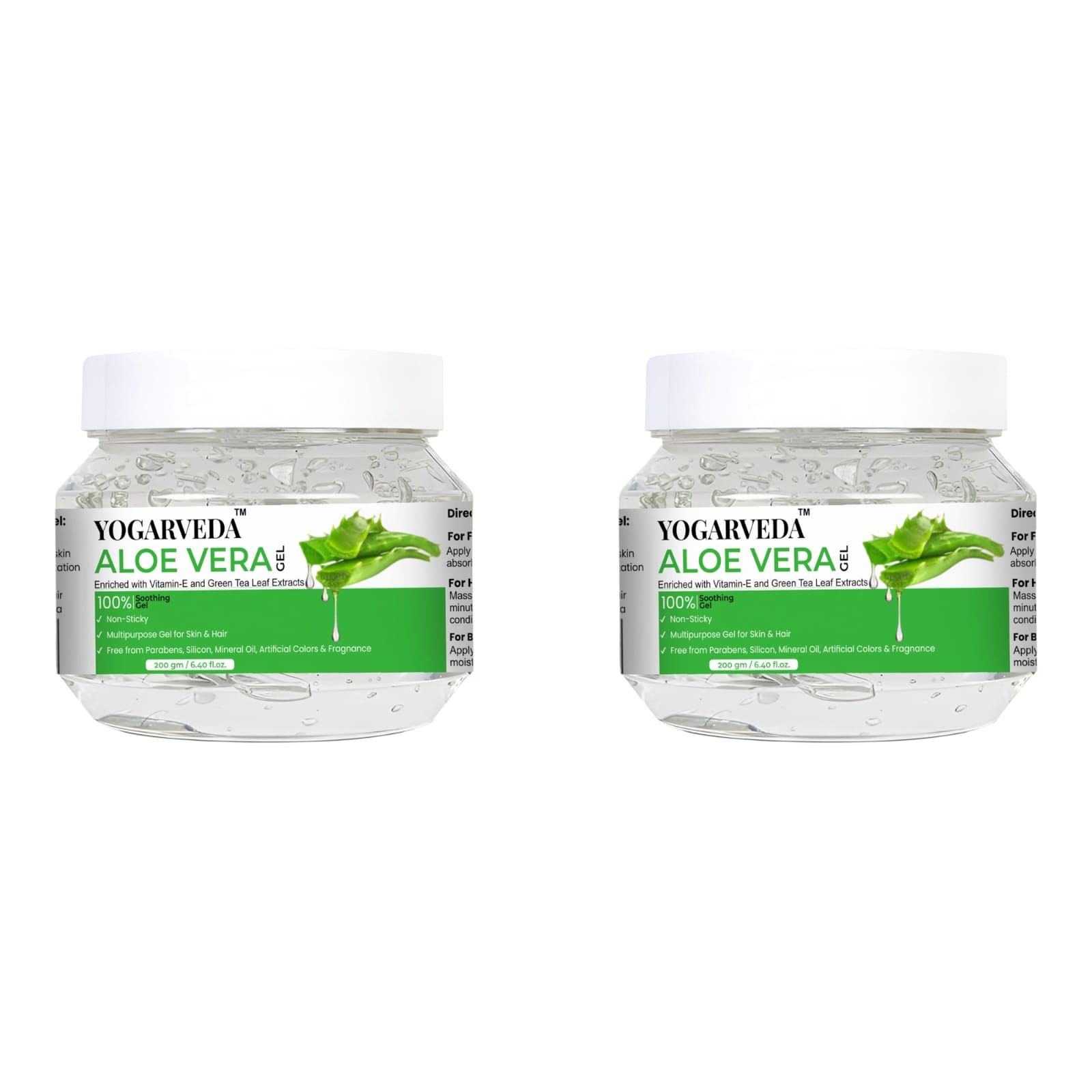 YOGARVEDA Aloe Vera Gel for Skin & Hair100% Pure, Vitamin E & Green Tea Extracts | (Pack of 2, 200 g)