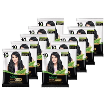 Nisha Quick Color 10 Minute Henna Based Hair Colour Natural Black Hair Dye 10g Pack of 10, No Ammonia 100% Grey Coverage