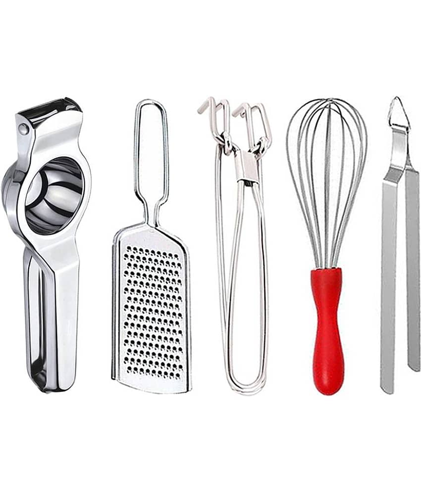 OC9 Silver Stainless Steel Lemon+Cheese Grater+Pakkad+Whisk+Chimta ( Set of 5 )