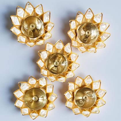 Gold Set Of 5 Lotus Flower Brass Crystal Diya| Rose Shaped Oil Puja Lamps For Home Decor & Pooja Decor