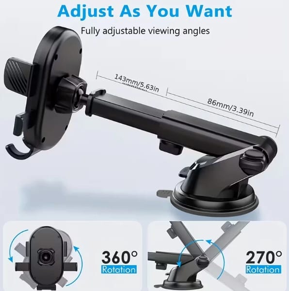 Adjustable Car Mobile Holder with Suction Mount  One-Touch Lock Dashboard / Windshield Phone Stand for GPS Navigation & Hands-Free Use