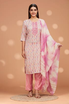 Printed Straight fit Embroidered Kurta with Palazzo Pant & Tie-die Duppatta - Pink-PINK / L