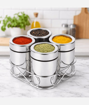 ATROCK Steel Masala Box Steel Silver Spice Container ( Set of 4 )