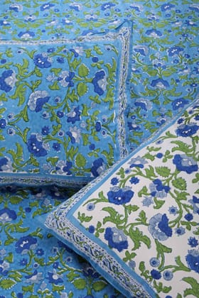 Vrindavan Blue Buttercup Cotton Percale Bedsheet-Standard Double - 90 x 108 in / Blue Turquoise / Turquoise