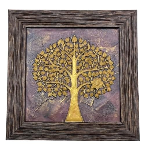 Framed Tree of Life Wall Art, Gold on Purple, Textured Canvas, Wooden Frame, Decorative Home Decor Size(20 * 20cm)