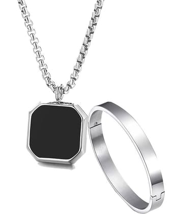 Fashion Frill Silver Chain For Men Stainless Steel Square Silver Chain Pendant with Silver Kada Bracelet For Men Boys Stylish Mens Jewellery