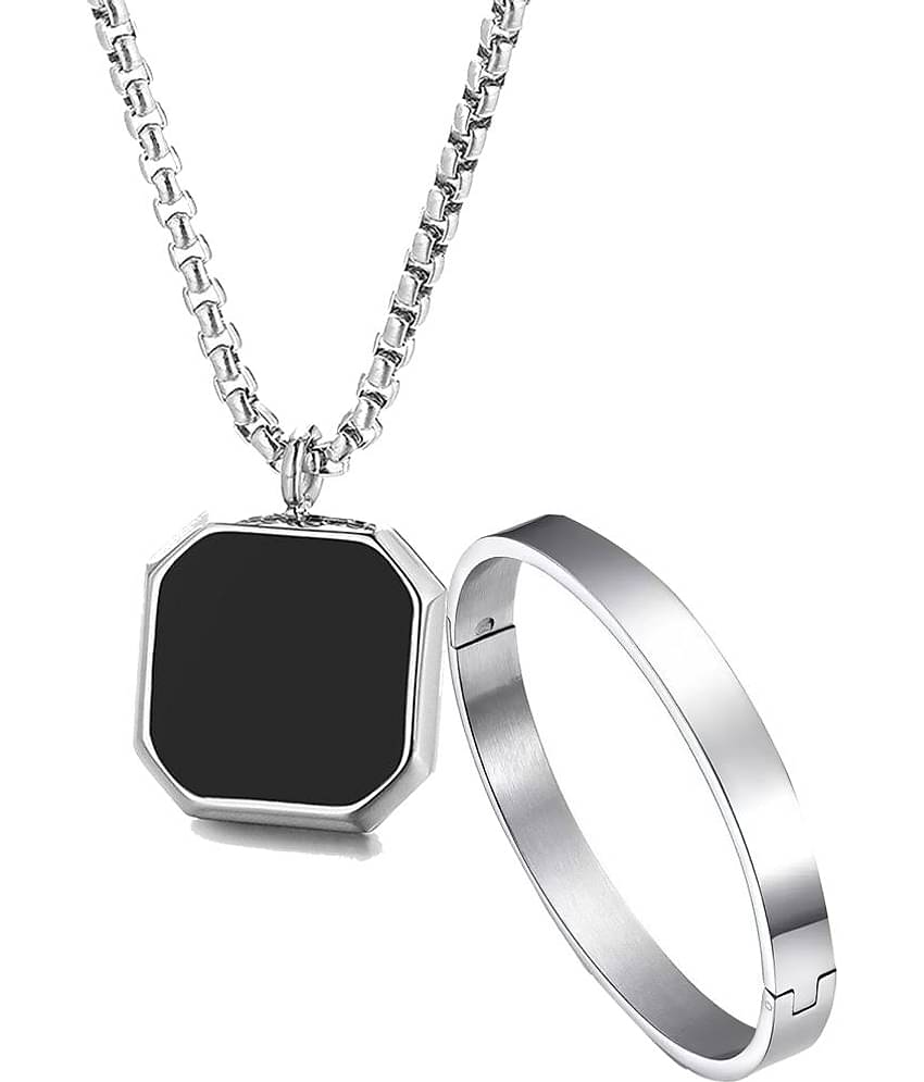 Fashion Frill Silver Chain For Men Stainless Steel Square Silver Chain Pendant with Silver Kada Bracelet For Men Boys Stylish Mens Jewellery