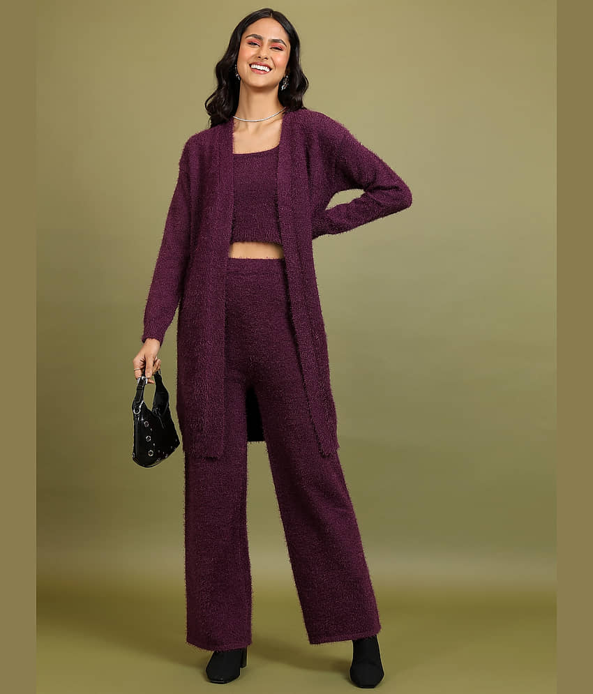 Tokyo Talkies Women Solid Top With Trousers Co-Ord Set ( Purple )