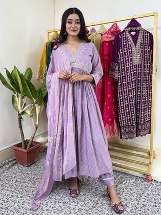 Lilac Frock Style Kurta Set-M