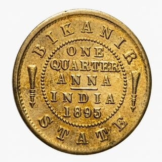 Bikanir State 1/4 Anna 1895 Victoria, British India Gold-plated Fantasy Variant
