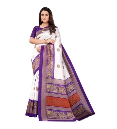 Women's Art Silk Printed Saree with Unstitched Blouse (Purple, 5-6 Mtrs)