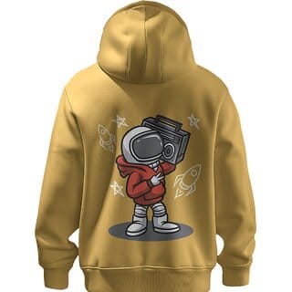BULL CLOTHING Stylish Retro Astronaut Graphic Mustard Yellow Hoodie Featuring Cool Boombox Design 