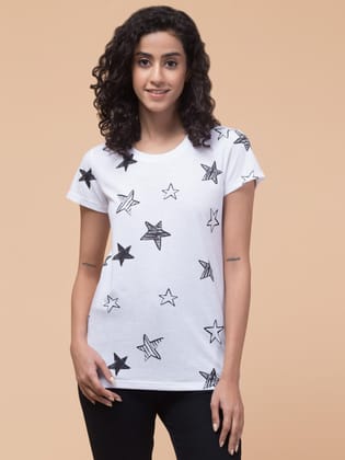 Hive91 Womens T-shirt White STAR PRINT Cotton - Stylish & Comfortable XXL