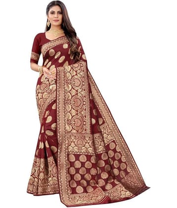 NENCY FASHION Banarasi Silk Self Design Saree With Unstitched Blouse Piece ( Maroon )