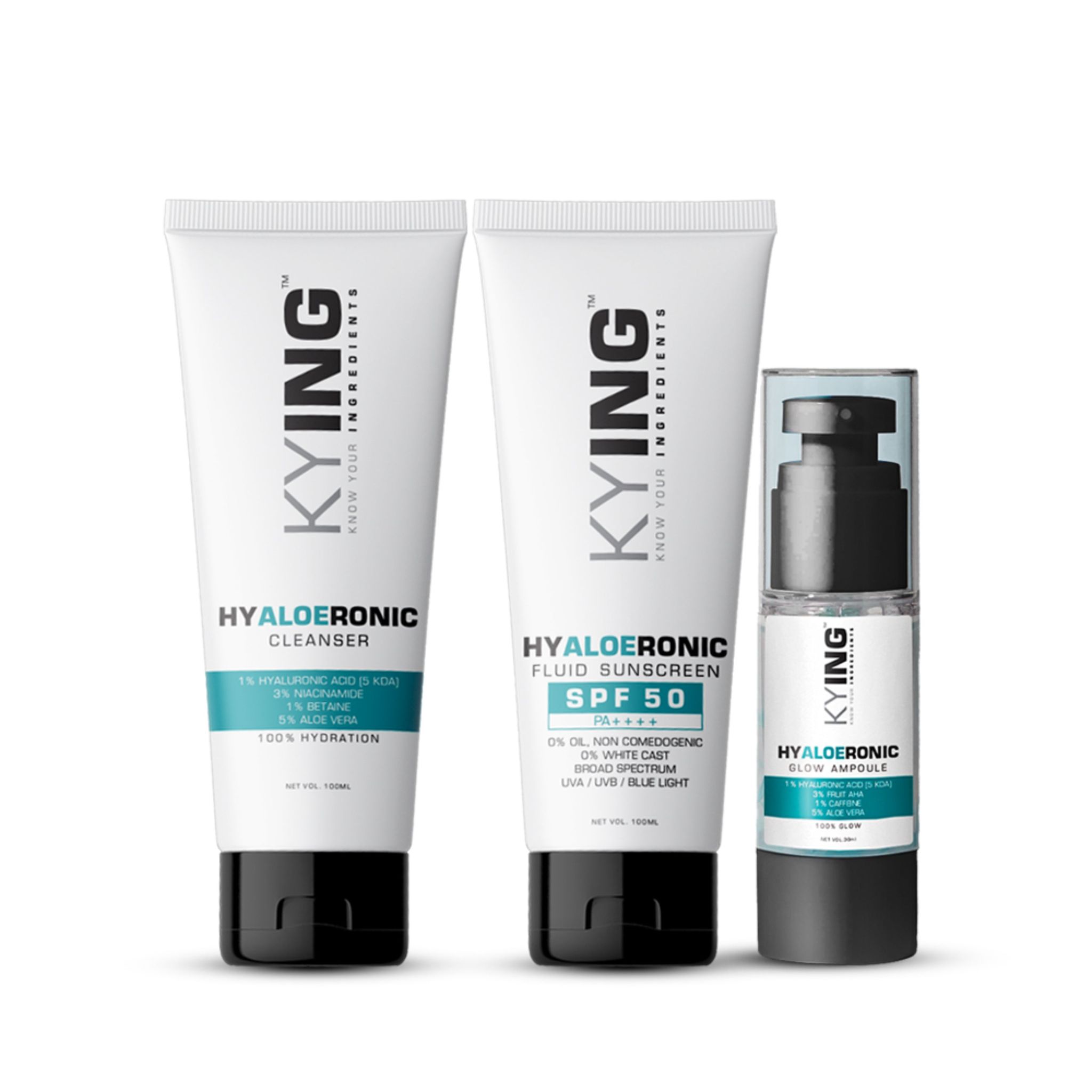 KYING Hyaloeronic Skincare Trio : Face Cleanser 100ml, Fluid Sunscreen SPF50 100ml, Face Serum 30ml