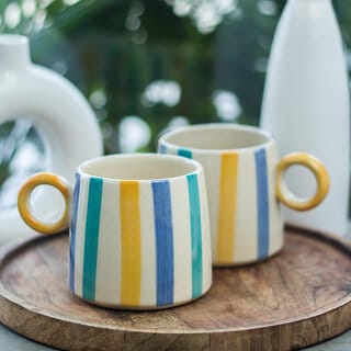 Handcrafted Ceramic Mug Pack of 2 with Colourful Stripe Design