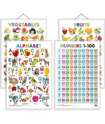Set of 4 Alphabet, Fruits, Vegetables and Numbers 1-100 Early Learning Educational Charts for Kids | 20"X30" inch |Non-Tearable and Waterproof | Double Sided Laminated | Perfect for Homeschooling, Kindergarten and Nursery Students