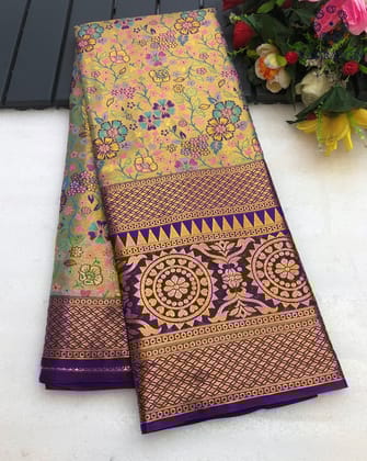 New Gold n Multy Color Zari Jacquard Weaving Work Kanjivaram Silk Wedding Wear Saree