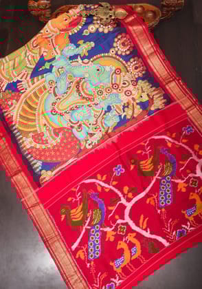 Blue Kalamkari ganesh theme Digital print  Pure Silk saree with zari Border and ikkat pallu  | SILK MARK CERTIFIED