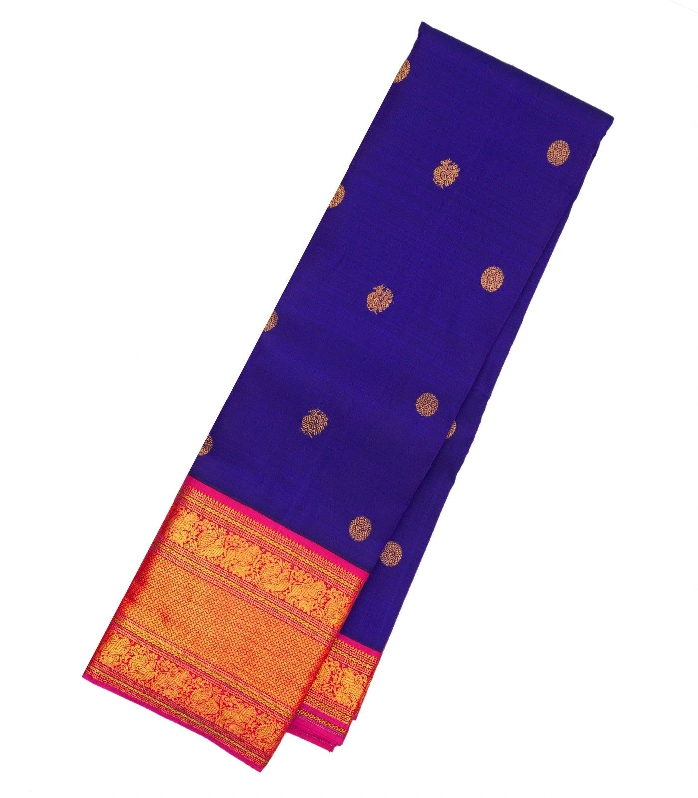 Dark Blue Handloom Korvai Kanchipuram Silk Saree With Zari Buttas-Dark Blue