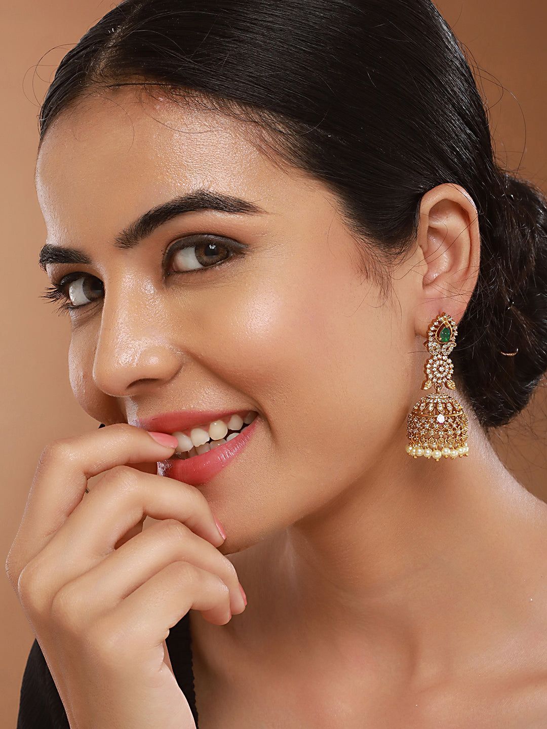 Gold Plated Green Zircon Studded Pearl Beaded Dangler  Earrings