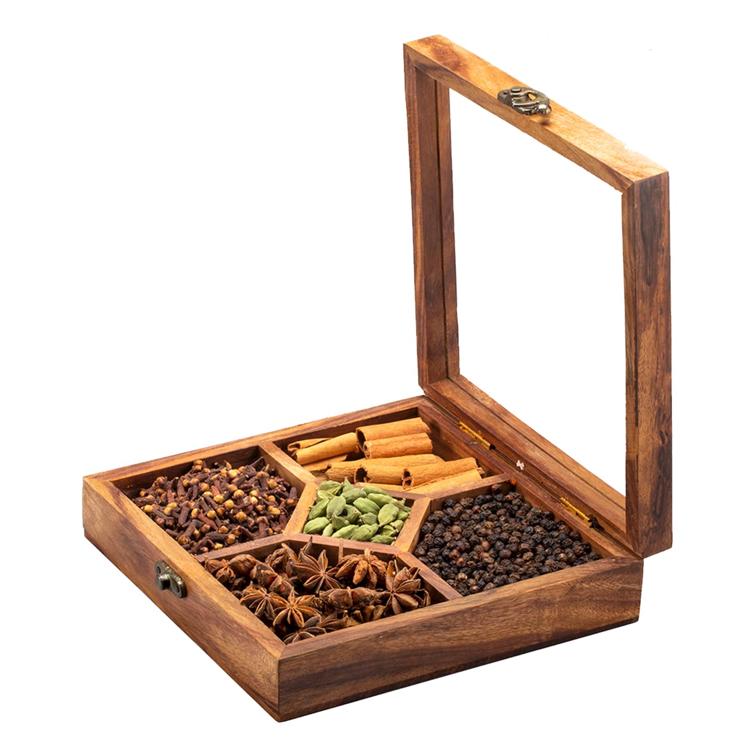 Kerala Spices Gift Box -India Lane Sheesham Wooden Table Top Masala Dabba For Kitchen (Sheesham Wood Wooden Spice Box with Assorted Whole Spices - 1kg