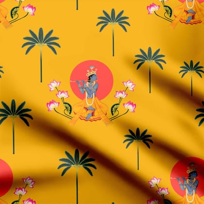 Krishna's Lotus Palm Print Fabric-Cotton
