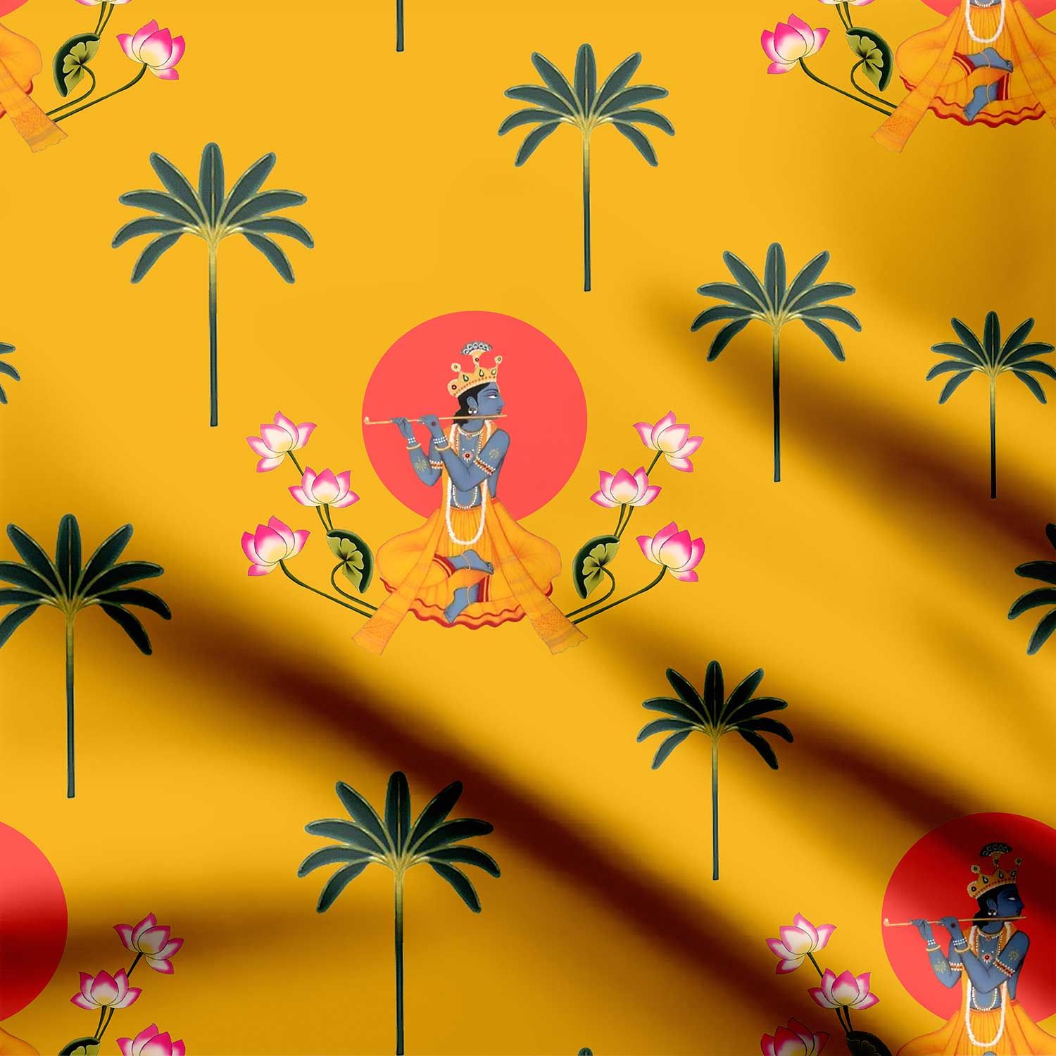 Krishna's Lotus Palm Print Fabric-Cotton