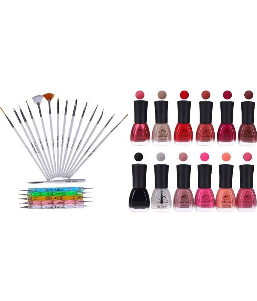 Looks United 15 Nail Art Brushes 5 Dotting Tools And 12 Nail Lacquers ( Pack of 30 )