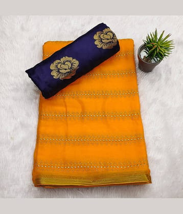 Parmila Fashion Chiffon Embellished Saree With Unstitched Blouse Piece ( Gold )