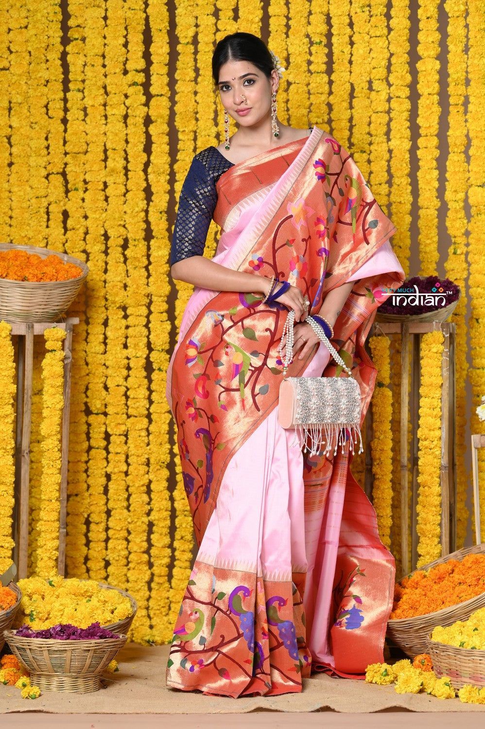 Rajsi~ Exclusive Handloom Pure Silk Half Over Paithani Muniya Border Saree WIth Handcrafted Peacock Pallu in Peach