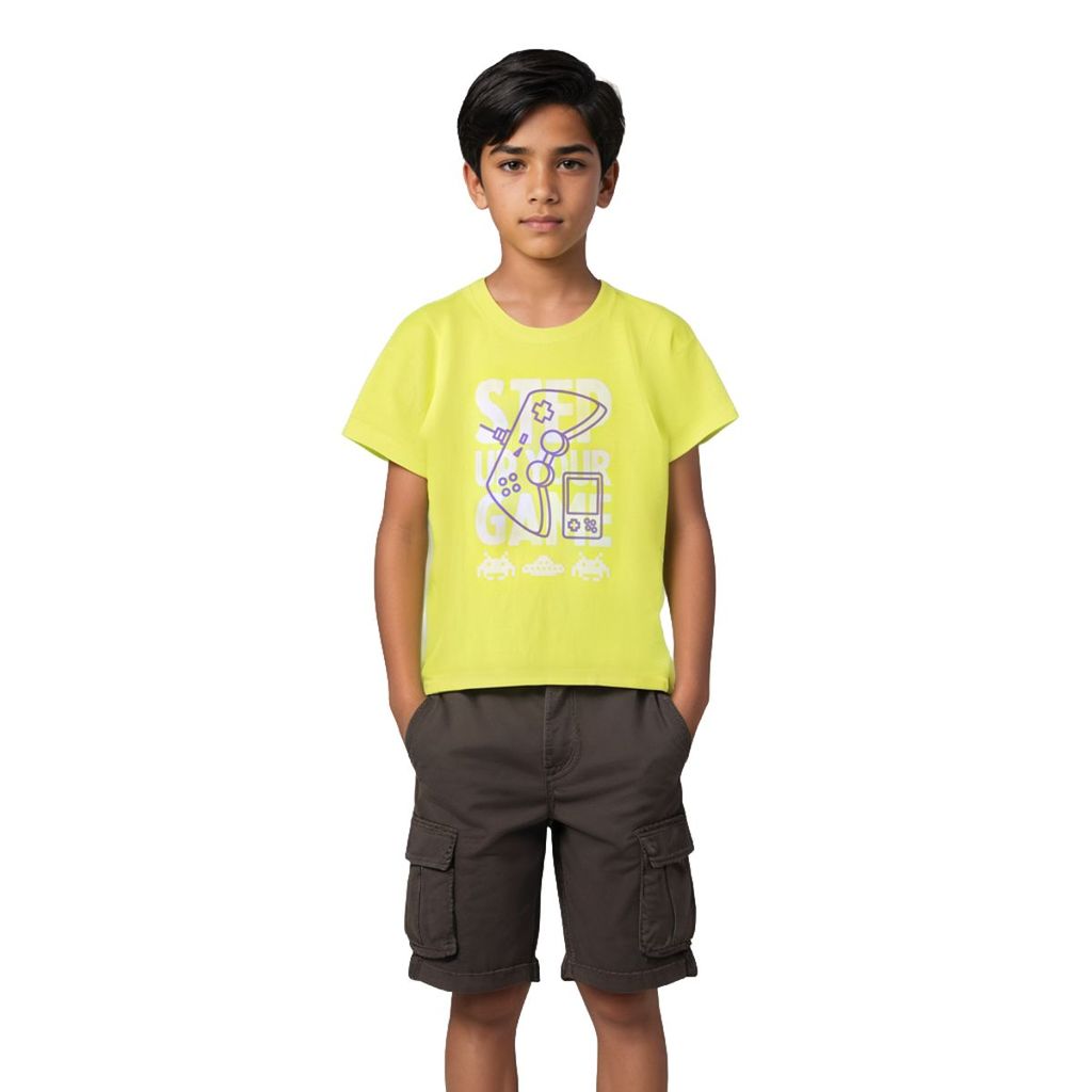 Elegant Kids Boys T shirt Cotton Sulphur Spring Lime "Step Your Game" 2025 at ShopCircuit | ONDC
