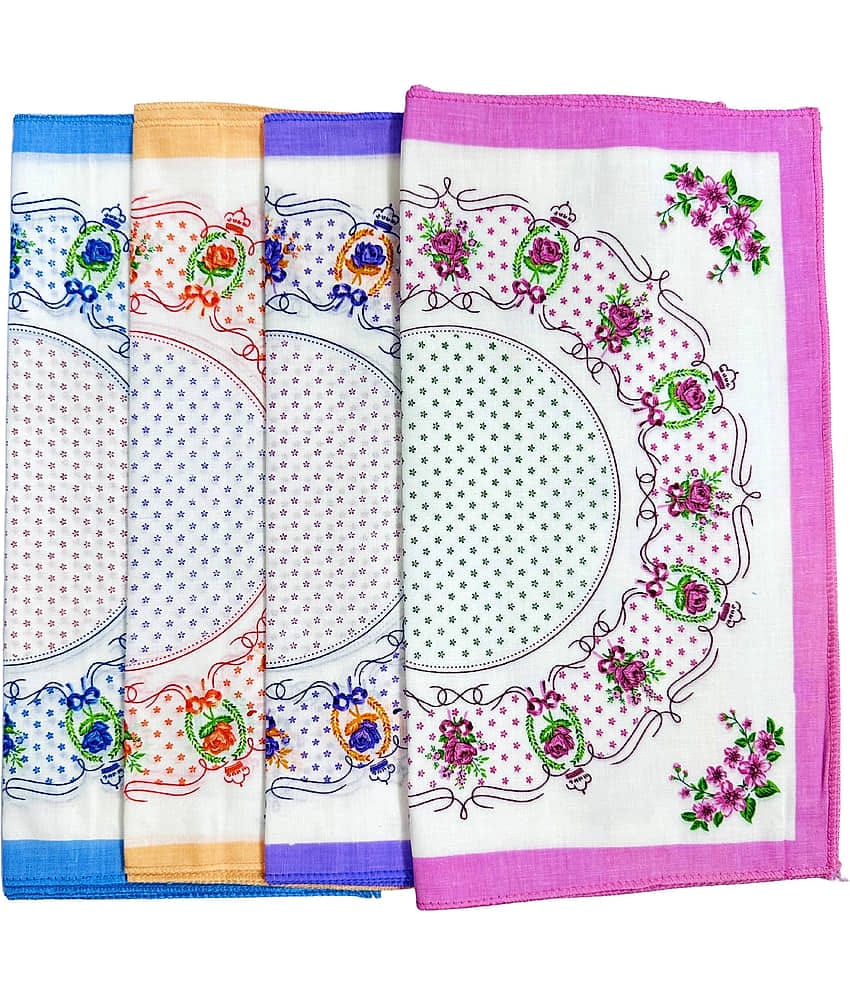 royal mart Premium Cotton Handkerchief 11*11 – Soft Prints for Women/Girl/Design Will Vary Multicolor Handkerchief (Pack of 4)