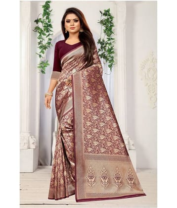 Gazal Fashions Banarasi Silk Printed Saree With Unstitched Blouse Piece ( Maroon )