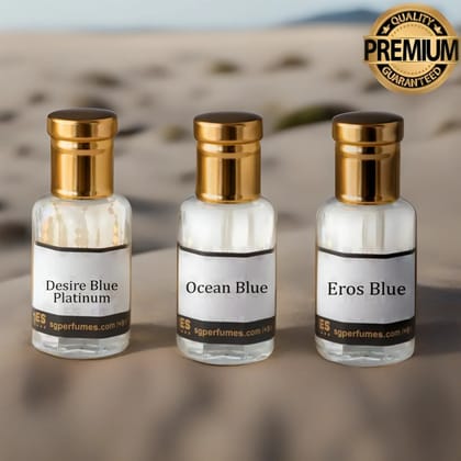 3 Pcs French Attar Set Desire Blue, Ocean Blue and Eros Blue 12ml each-12ml