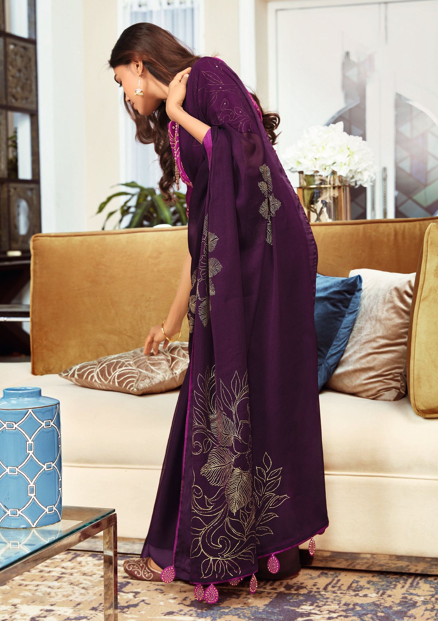 Elora Violet Chiffon Table Work With Fancy Latkan Designer Saree For Women