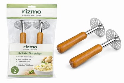 RIZMO Stainless Steel Potato Masher with Wooden Handle, Heavy-Duty Manual Kitchen Tool for Vegetables and Pav Bhaji, Product Description, Pack of 2