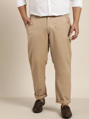 Men's Cotton Blend Khaki Solid Trousers-38