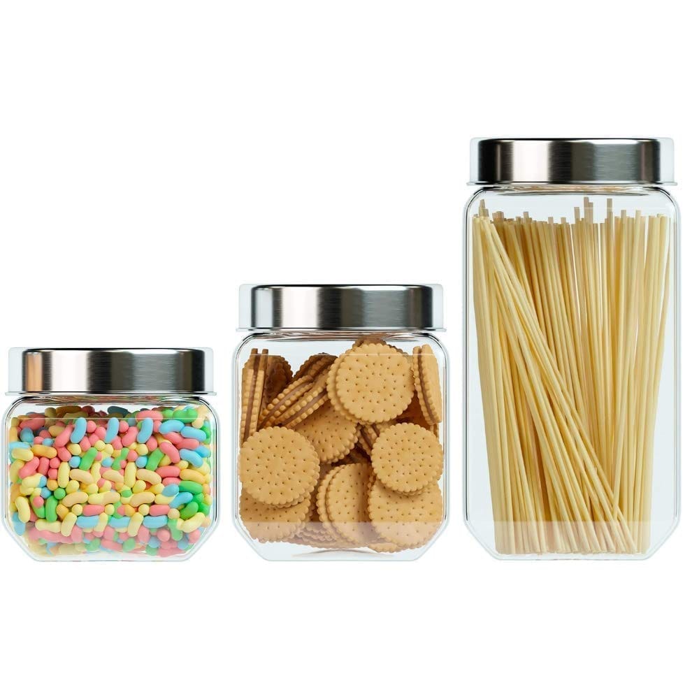 Femora Clear Glass Octo Kitchen Storage Jars 850 ml,1150 ml, 2000 ml, Set of 3